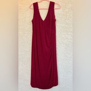Betsy & Adam Women 18W Red Sparkle Sleeveless Ruched Midi Sheath Dress V-Neck